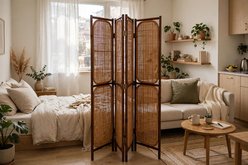 Studio apartment decor featuring a folding screen that adds privacy to a small studio layout