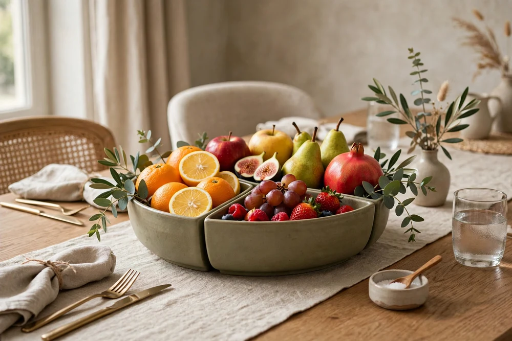 4. Functional Fruit Bowl Wooden bowl of fresh fruit as a functional dining table decor centerpiece