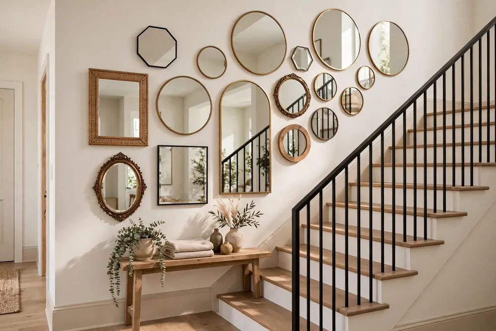 Gallery of decorative mirrors on a staircase wall decor arrangement