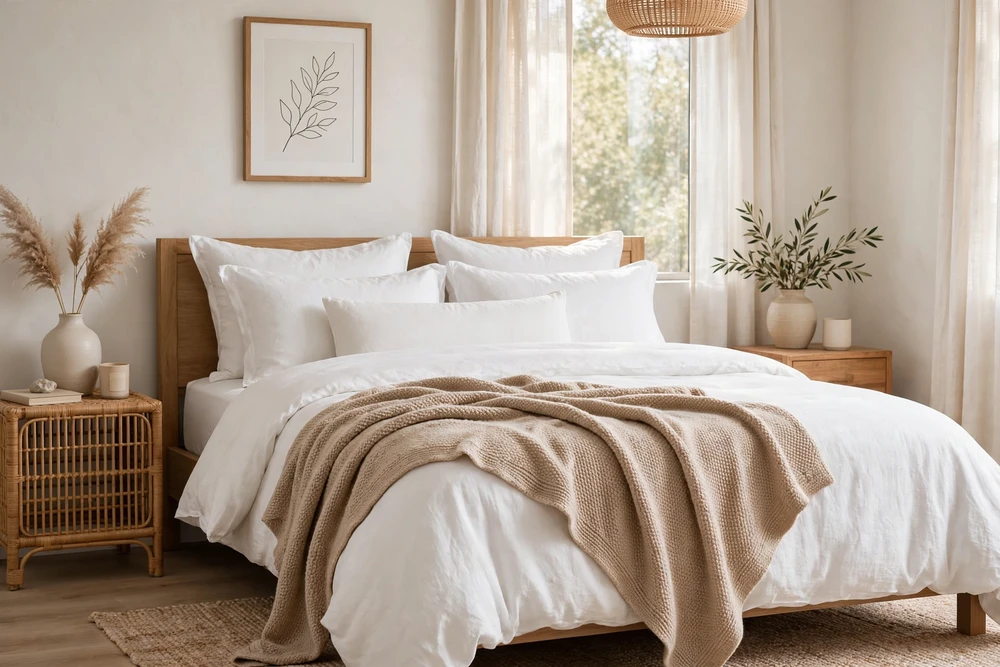 White bedding styled with a warm neutral throw blanket