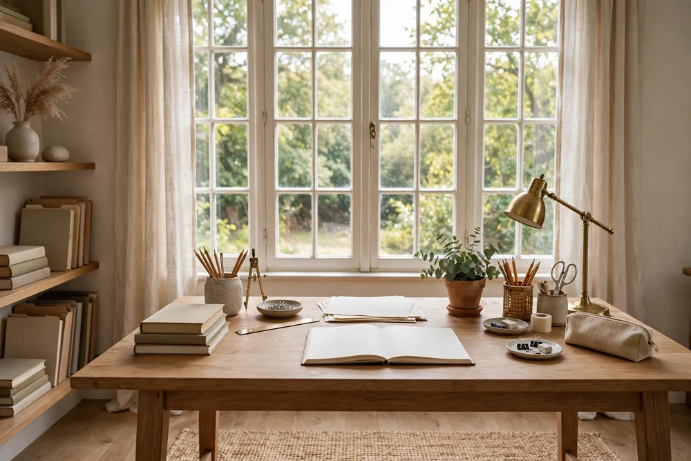 A study room desk facing a window, arranged with notebooks and pens for analog studying