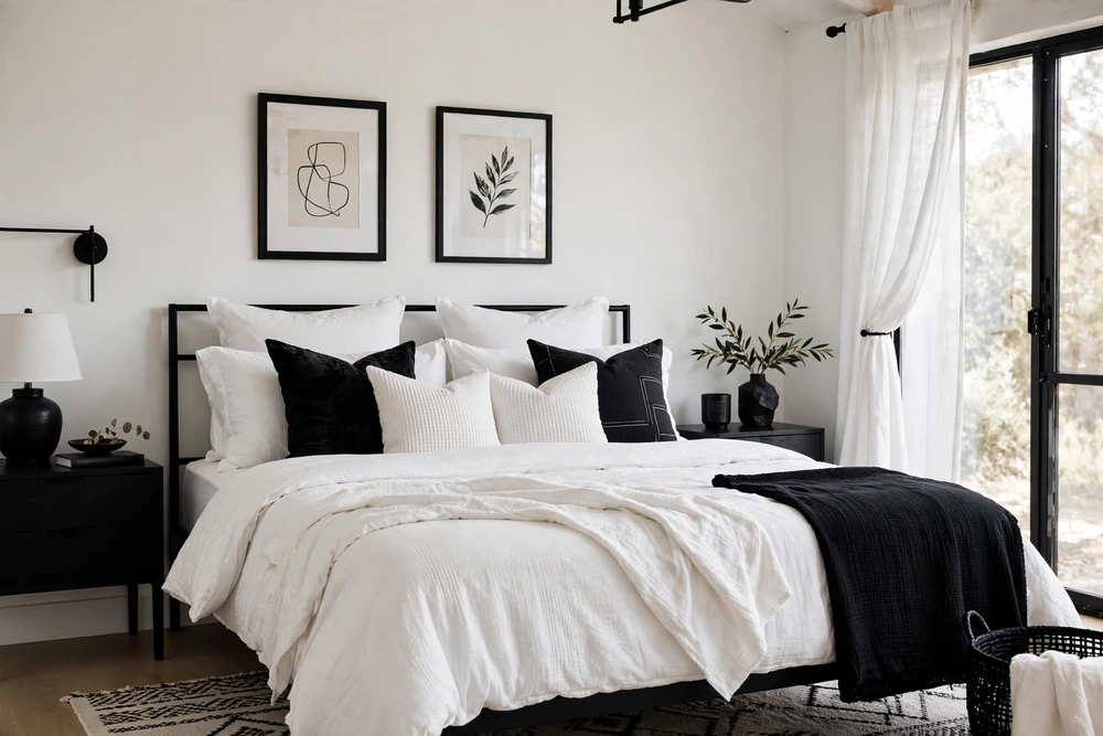 White bedding with black accents for bold contrast