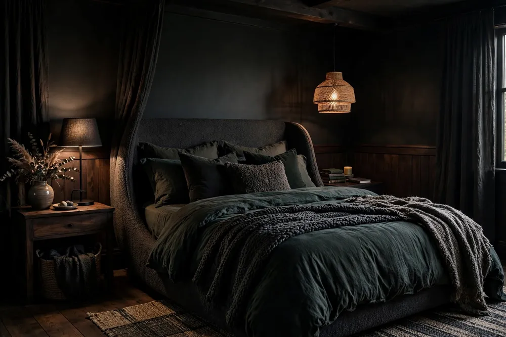Dark, cocooning primary bedroom with moody walls and layered textures