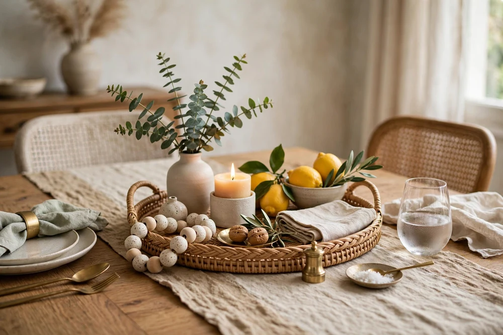 5. Decorative Tray Vignette Decorative tray vignette with candles and a vase on a dining table