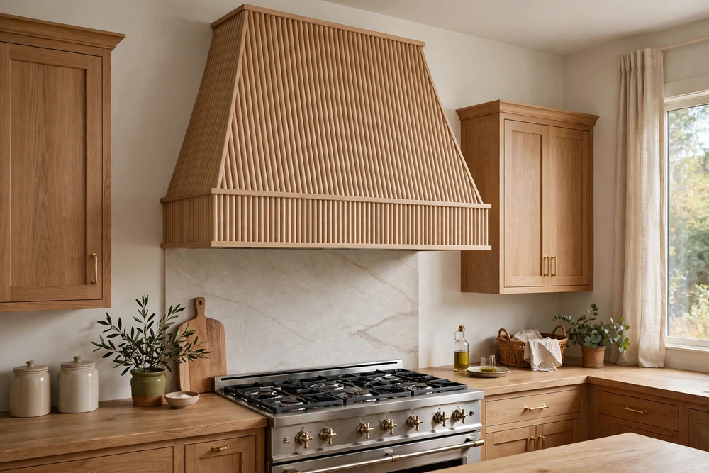 Fluted kitchen range hood with vertical reeded detailing for texture and depth