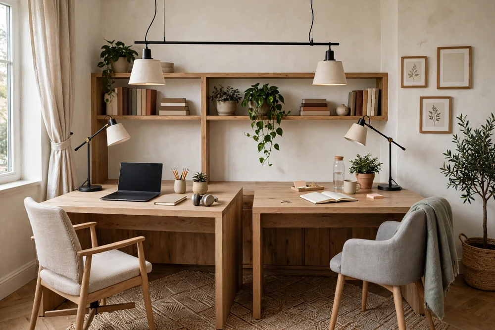 A shared study room with two matching desks and chairs for two people working side by side