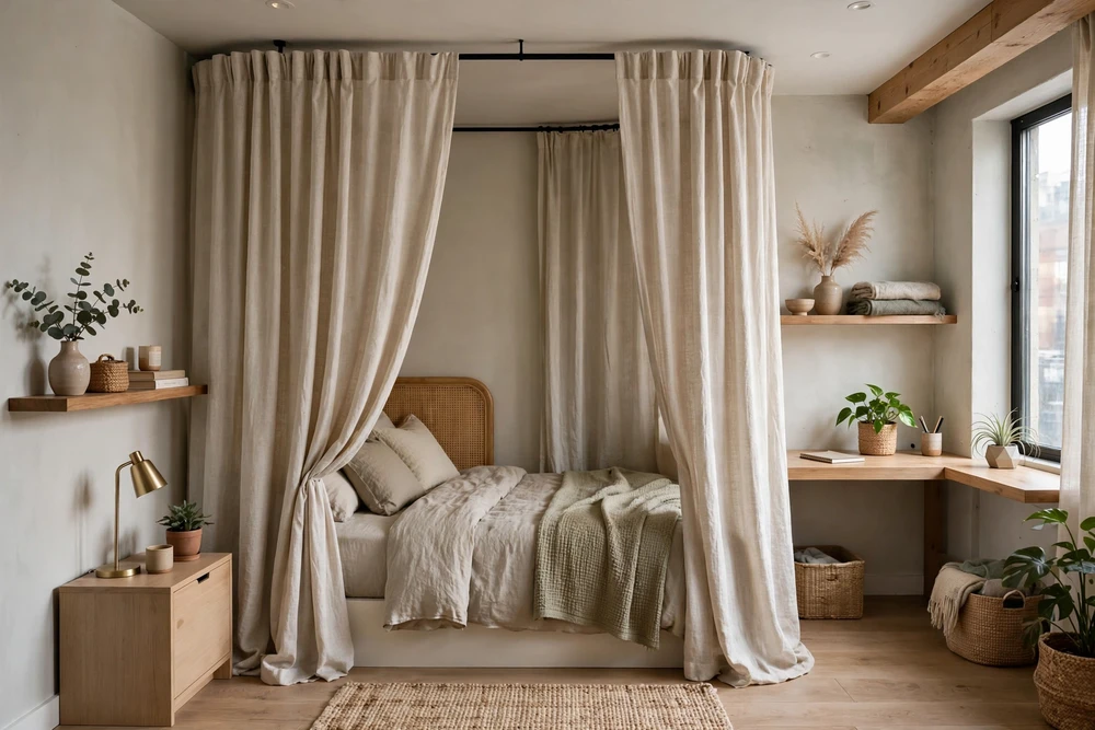 Studio apartment decor with curtains around the sleeping area for privacy and a cozy feel