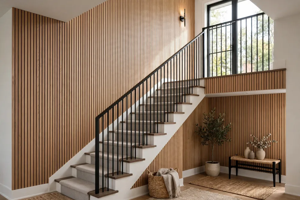 Vertical paneling staircase wall decor in a modern stairway