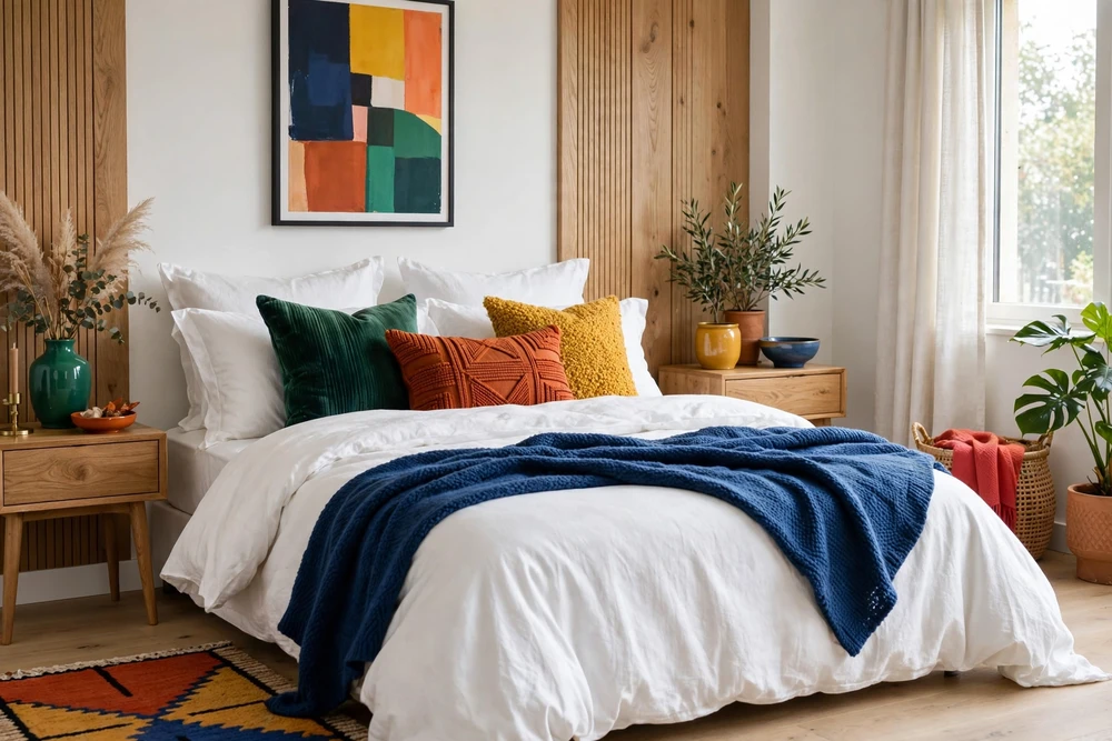 White bedding decorated with bold accent colors