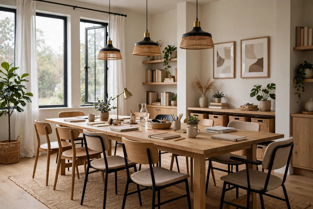 A study room with a long table and chairs arranged for collaborative group work