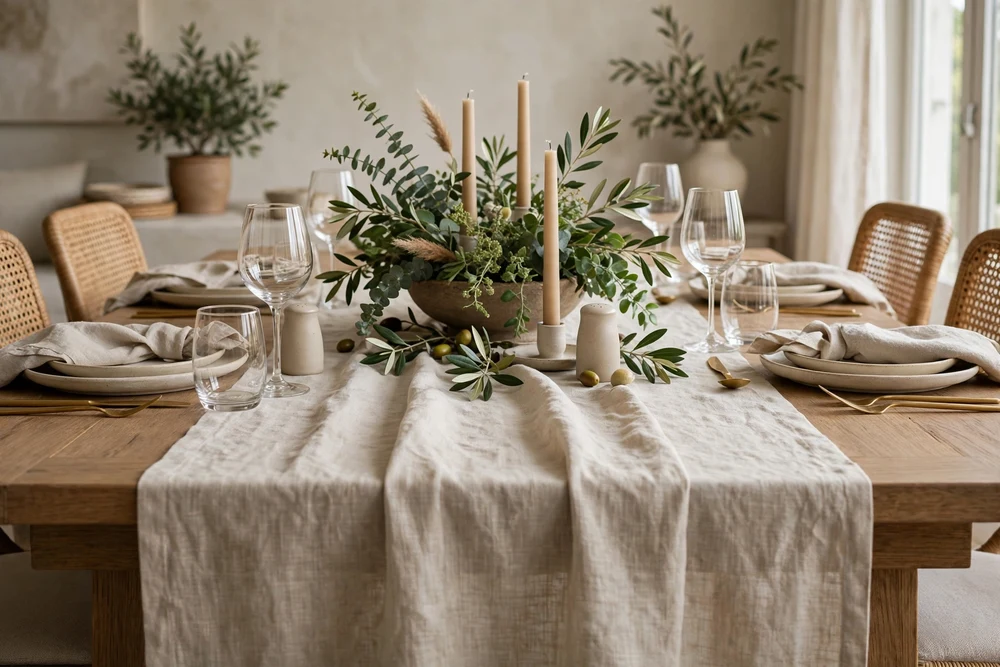 6. Linen Runner with Centerpiece Linen table runner with a centered vase centerpiece on a dining table