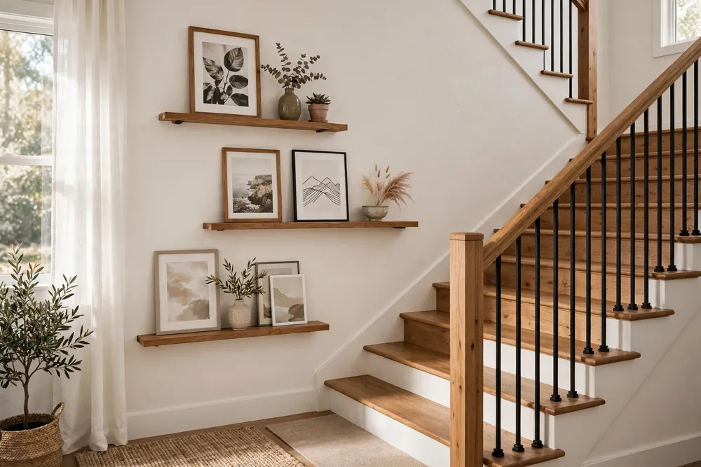 Picture ledges with layered framed art as staircase wall decor