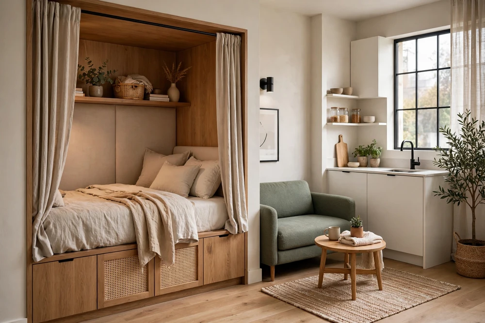 Studio apartment decor showing a well-placed sleeping nook tucked into a quiet corner