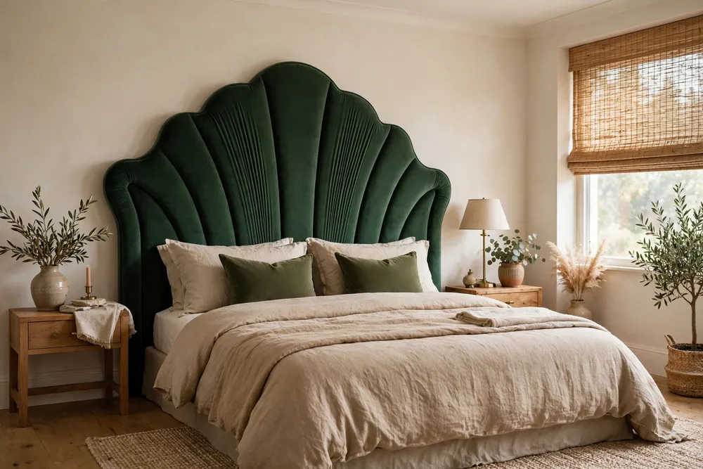 Primary bedroom featuring a bold statement headboard behind the bed