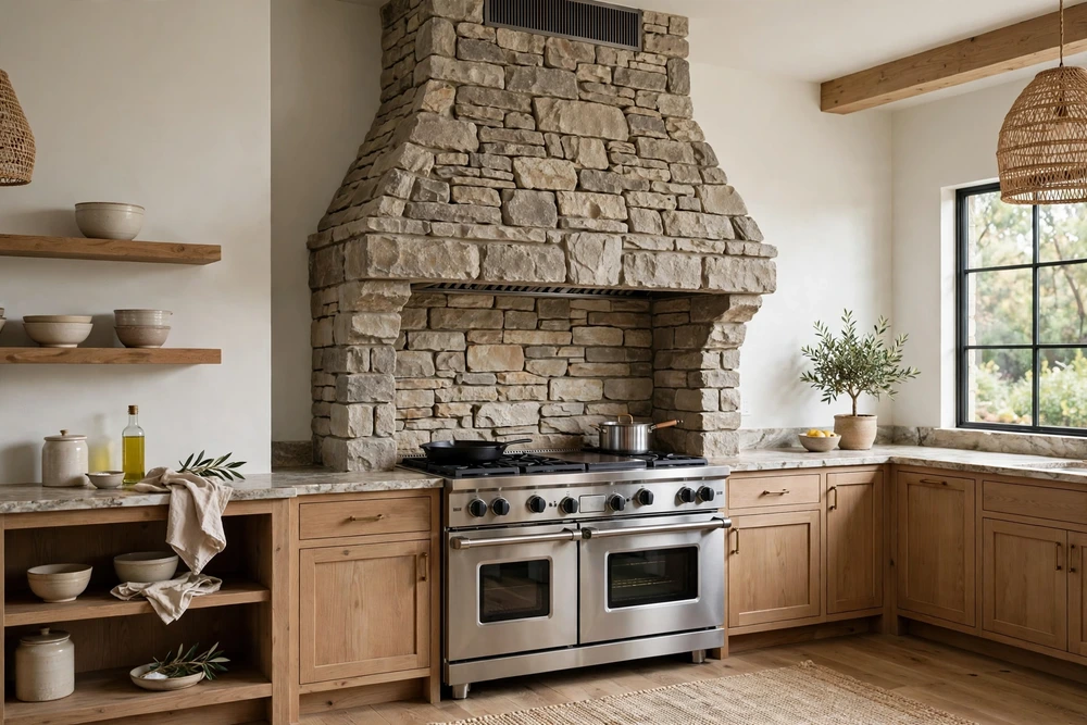 Stone clad kitchen range hood with a natural stone finish over the range