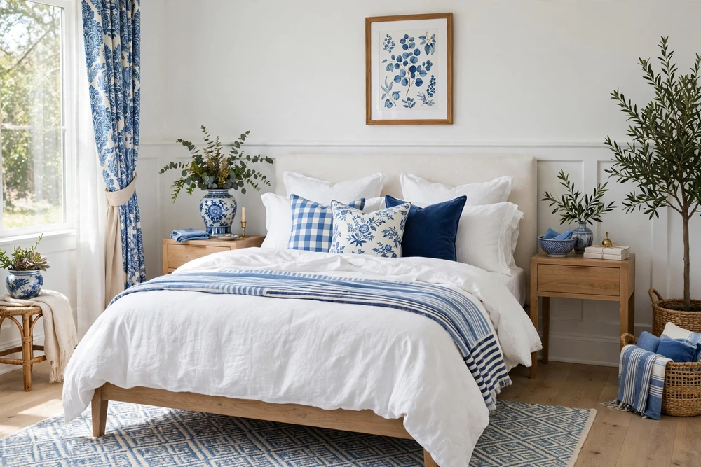 Blue and white bedding scheme in a stylish bedroom