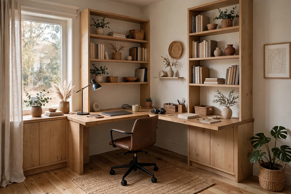 A study room designed around a corner desk that makes smart use of the room's corner space