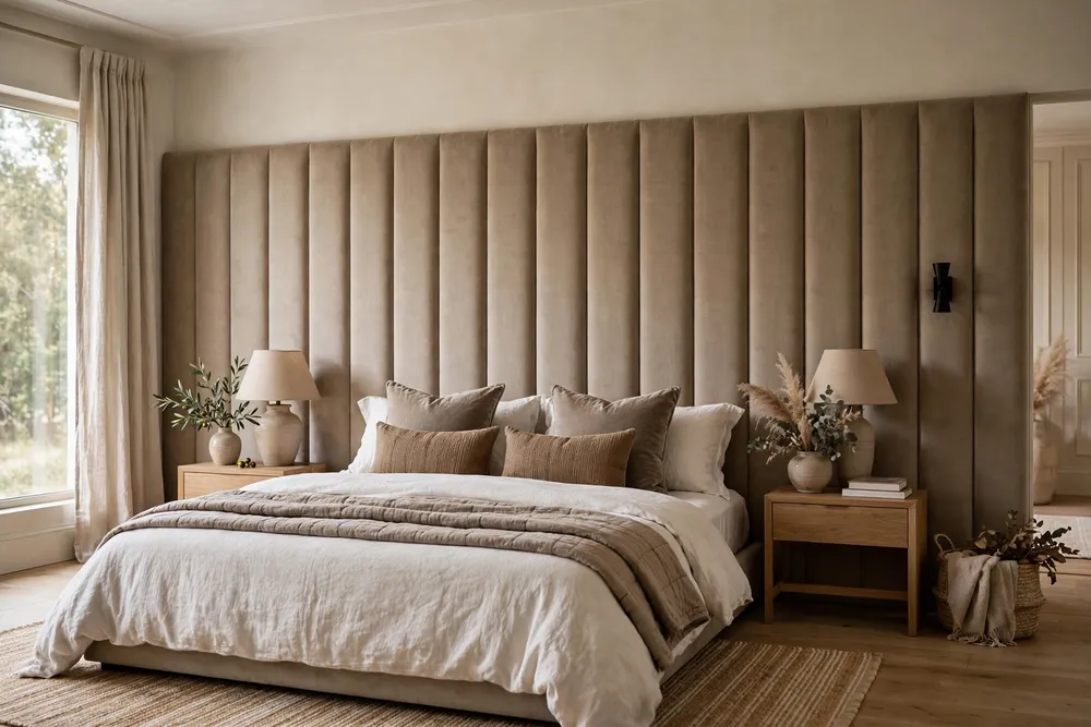 Primary bedroom with an upholstered headboard extended across the wall