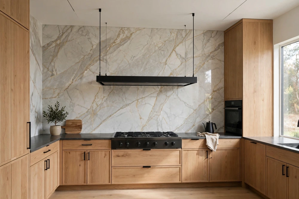 Full height backsplash with a floating kitchen range hood mounted above the cooktop