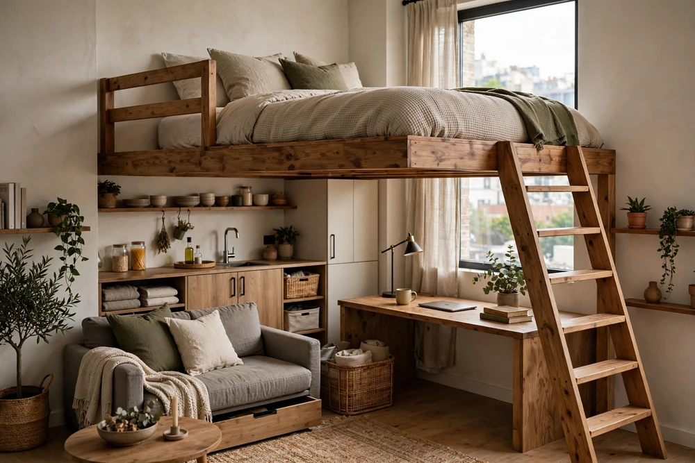 Studio apartment decor with a loft bed that maximizes floor space in a tiny studio