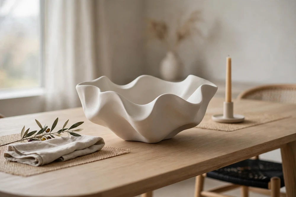 7. Minimalist Sculptural Bowl Minimalist sculptural bowl as a modern dining table decor accent