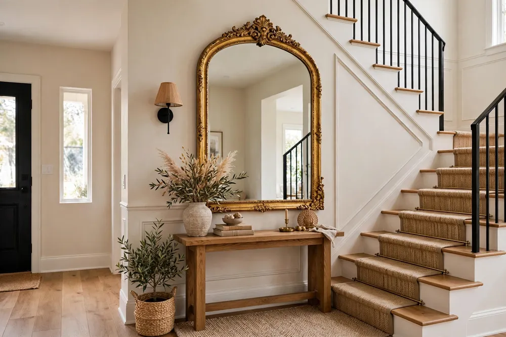 Large statement mirror as the focal point of staircase wall decor