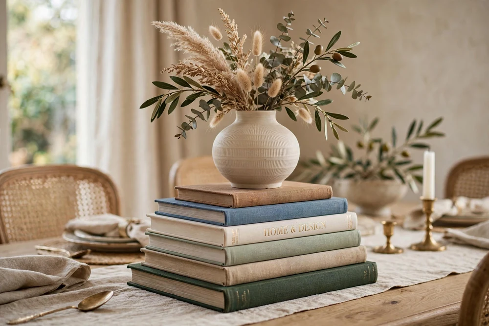 8. Books and Vase Layering Stacked books layered with a vase as dining table decor
