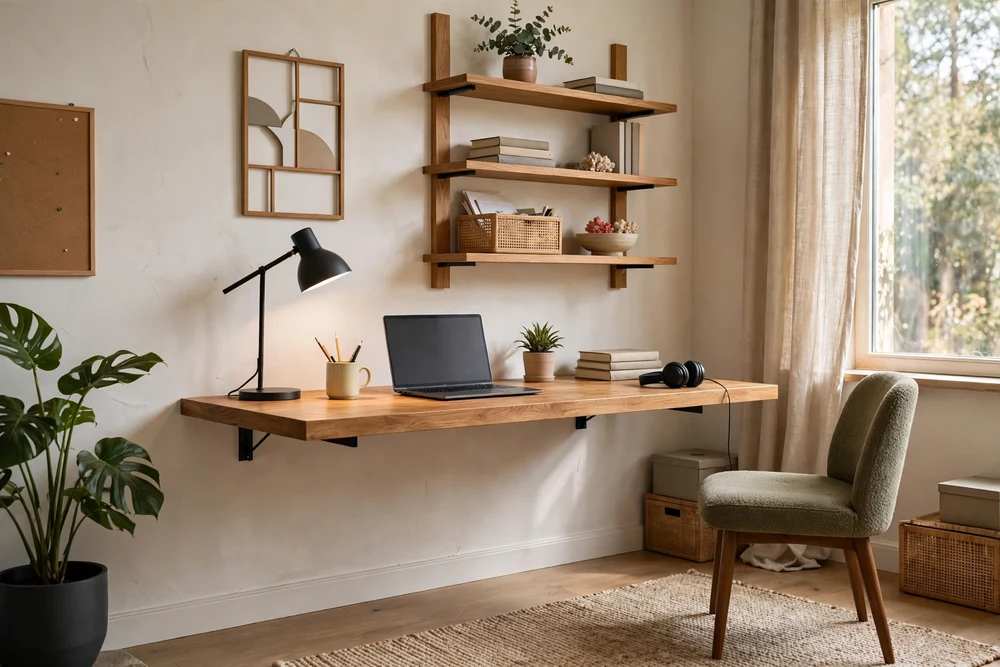 A modern study room with a wall-mounted floating desk and floating shelves above it