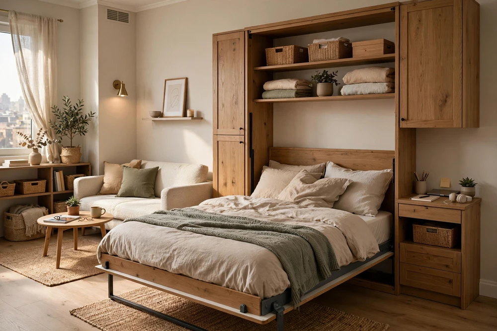 Studio apartment decor featuring a murphy bed that folds into the wall to save space