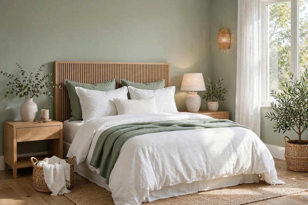 Sage and white bedding palette in a calm bedroom