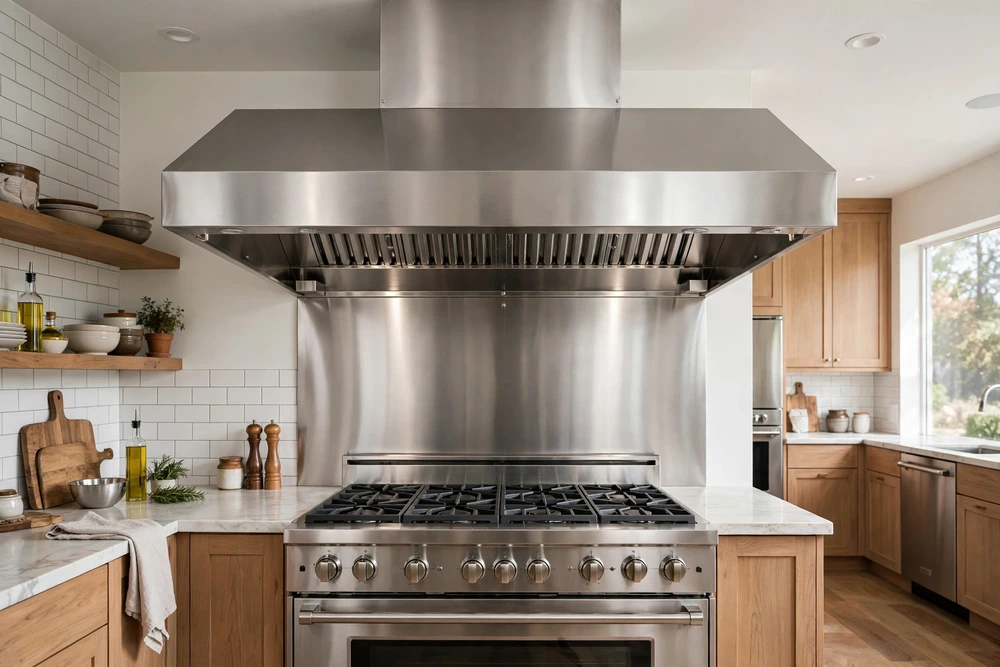 Stainless steel professional kitchen range hood over a chef style range