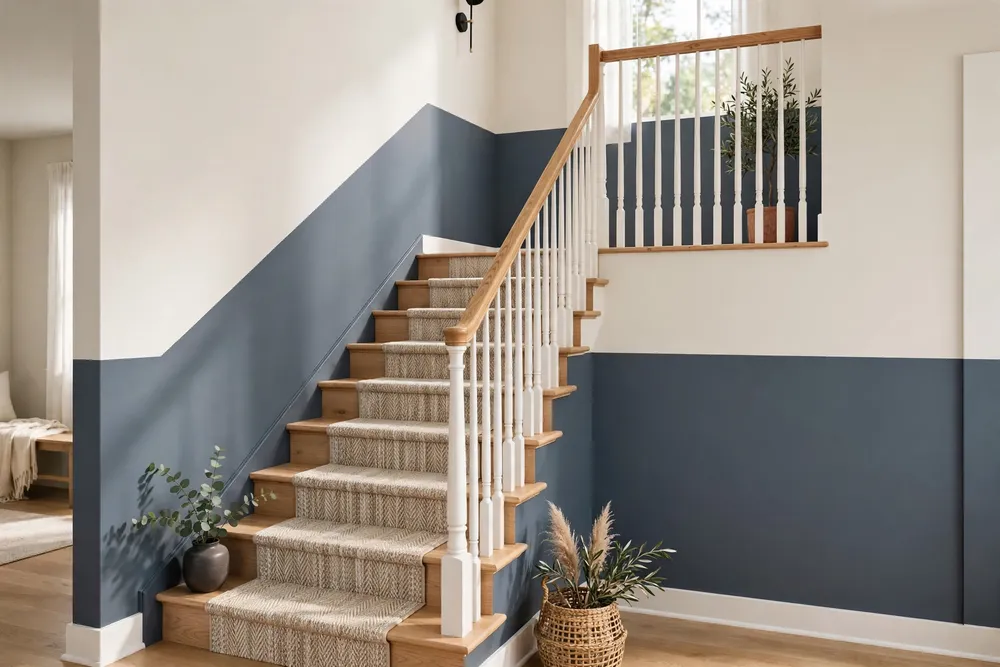 Two tone painted walls adding depth to staircase wall decor