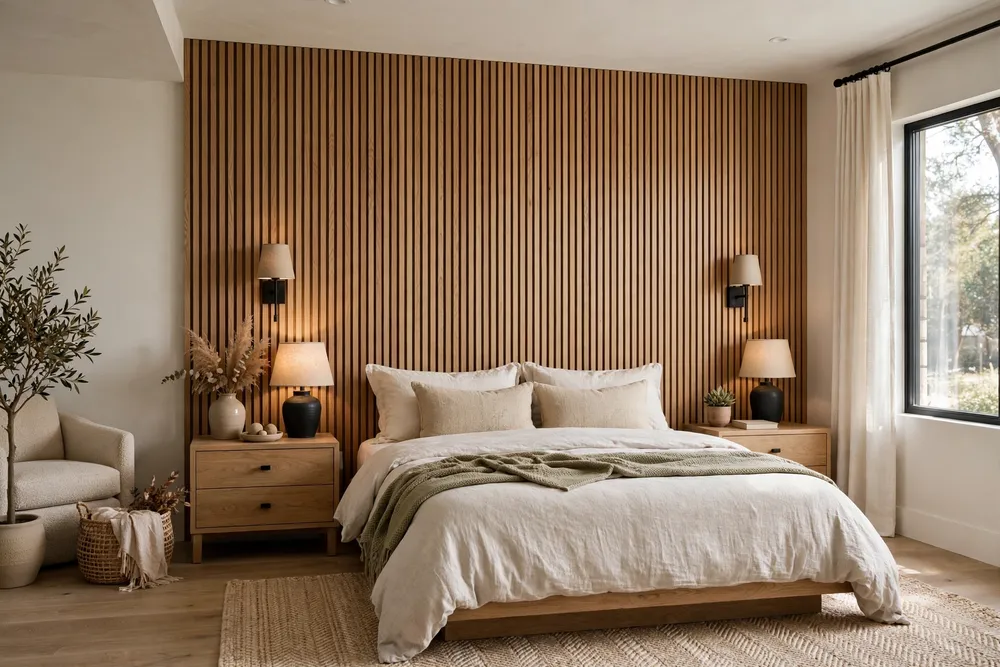 Primary bedroom with a wood slat feature wall behind the bed