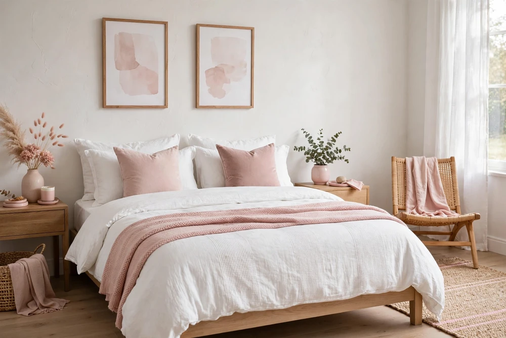White bedding styled with soft blush accents
