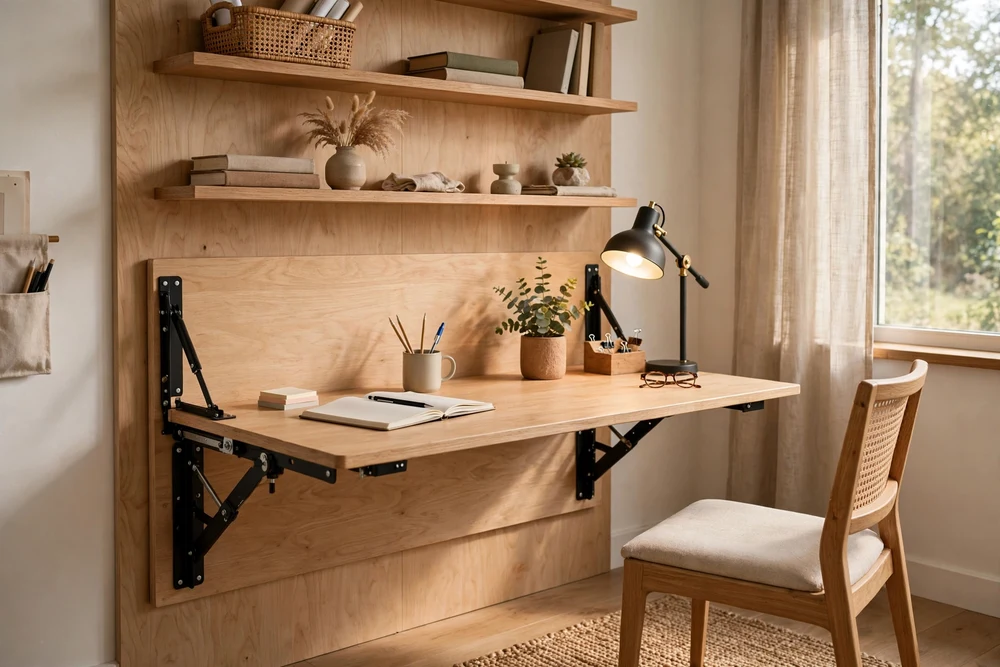 A study room with a fold-down desk mounted on the wall, folded open for studying
