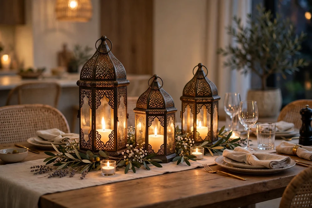 9. Lantern Glow Glowing lantern as a warm dining table centerpiece decor
