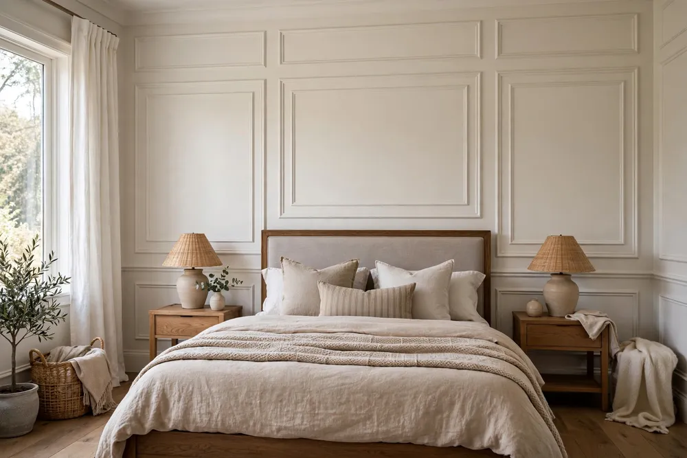 Elegant primary bedroom with picture-frame molding and wall paneling