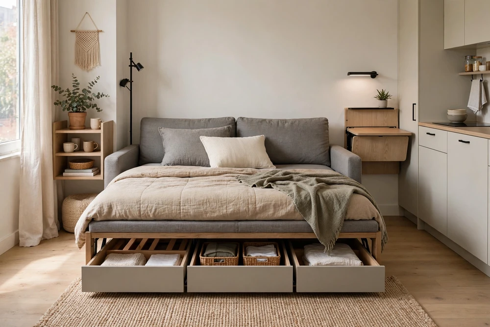 Studio apartment decor with a stylish sofa bed that works for sitting by day and sleeping by night