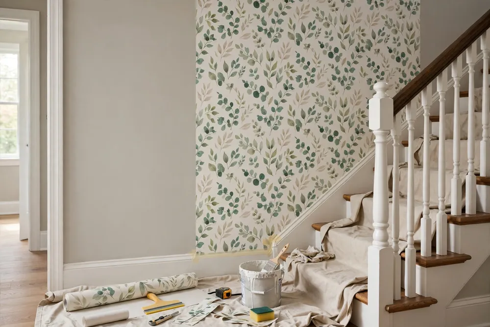 Patterned wallpaper transforming a staircase wall decor space