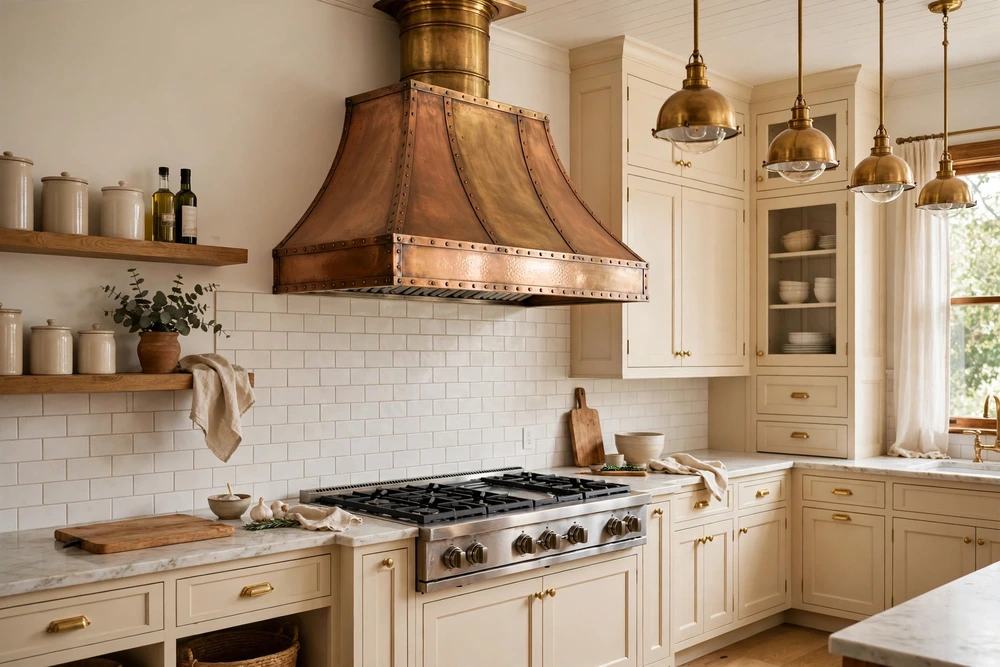 Brass or copper kitchen range hood with a warm metallic finish