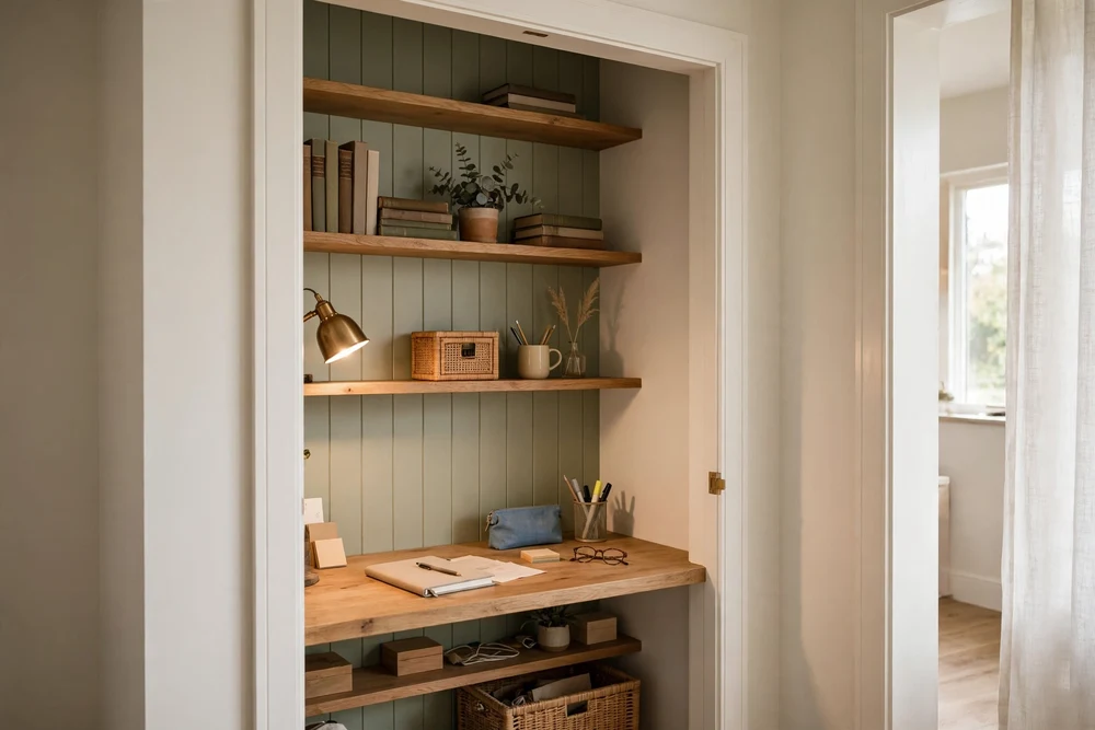 A closet converted into a compact study room station with a desk and shelves inside