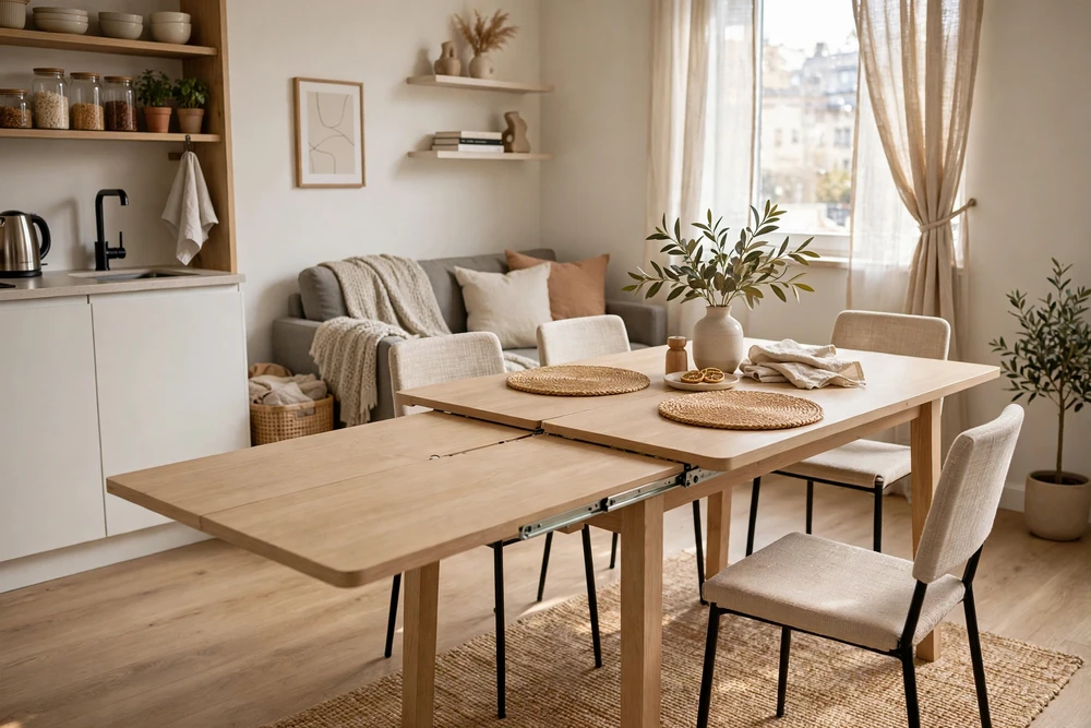 Studio apartment decor with an extendable dining table that fits small gatherings