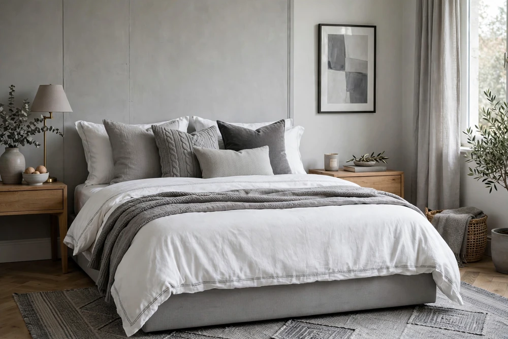 White bedding paired with gray tones in a modern bedroom