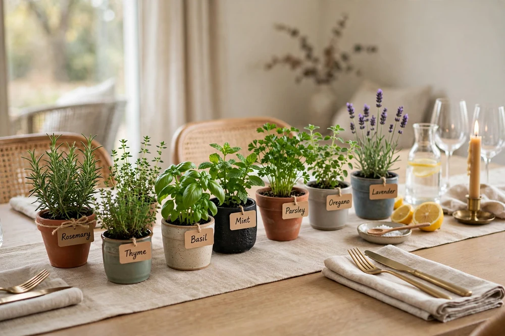 10. Herb Pot Collection Collection of small herb pots as fresh dining table decor