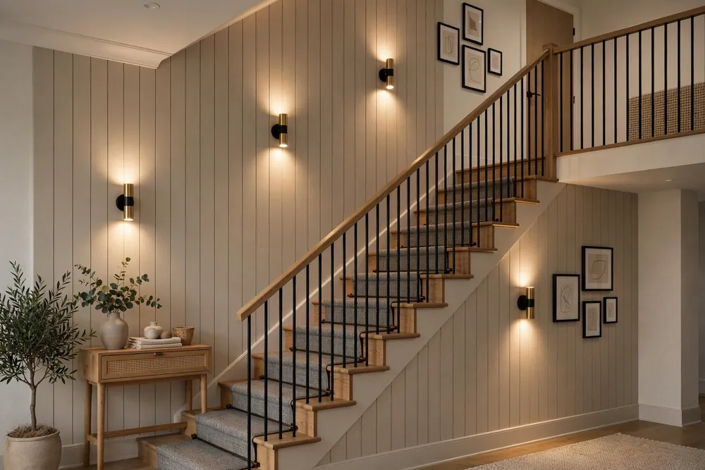 Warm wall lighting fixtures highlighting staircase wall decor