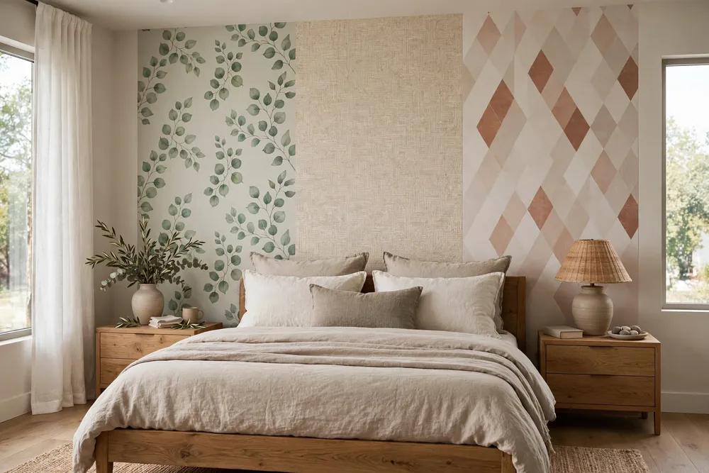 Primary bedroom with decorative wallpaper behind the bed