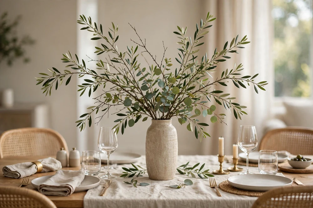 11. Branch and Foliage Elegance Elegant branches and foliage in a tall vase on a dining table