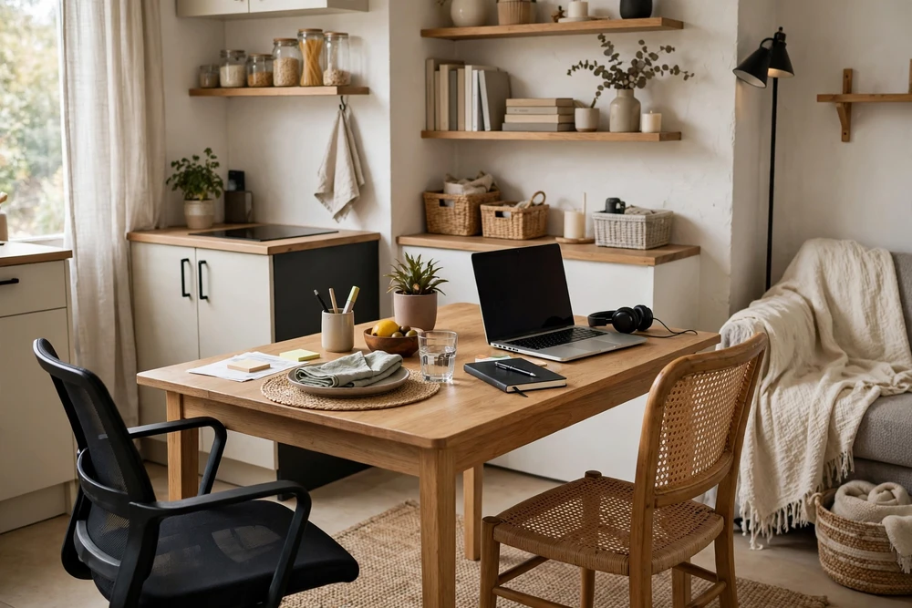 Studio apartment decor showing a dining table doubling as a desk for work from home