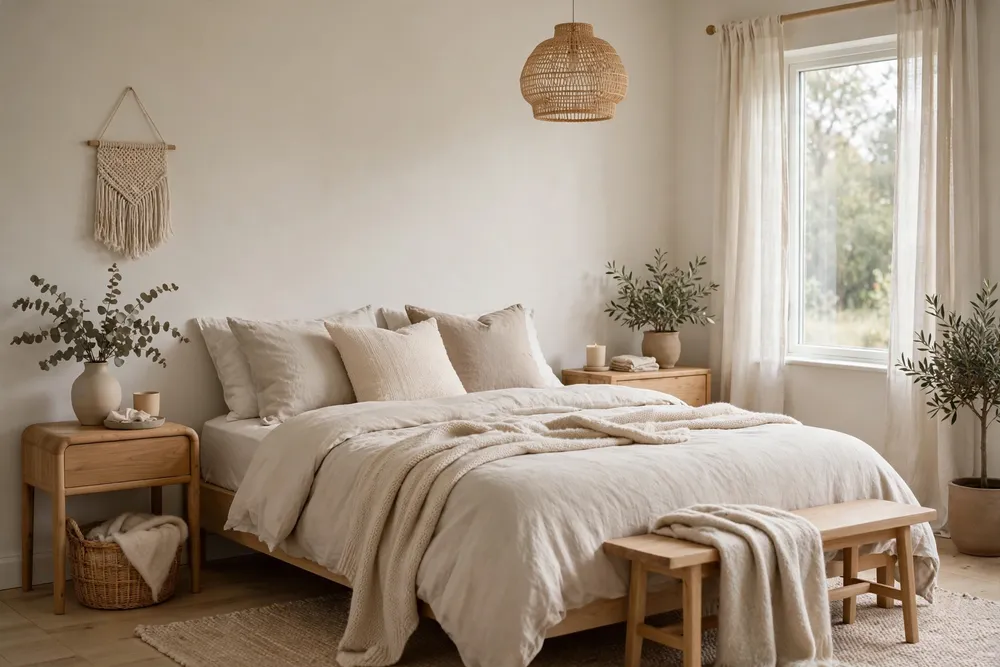 Soft Scandinavian-inspired primary bedroom with light wood and white linens