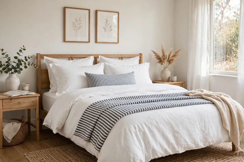 White bedding with a striped throw for a classic look
